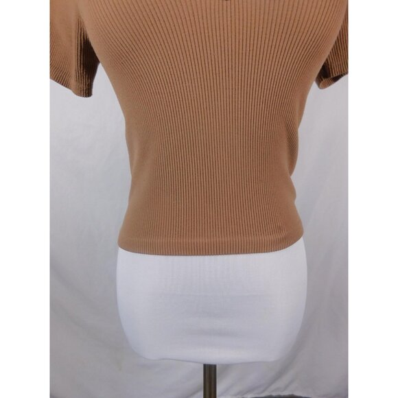 Bozzolo Tan Ribbed Knit Crop Top Deep Scoop Neck M/L - Picture 3 of 11